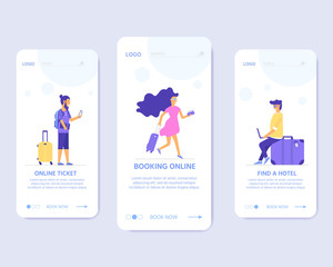 Young people with map, bag and baggage. Travel and tourism concept for website template, online booking reservation, landing page