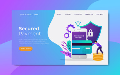 Online payment being processed using a credit card on smartphone Landing page template