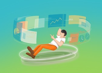 businessman pushing virtual button on touch screen interface