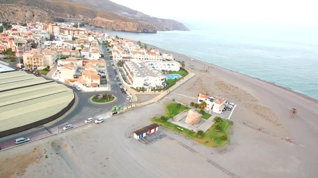 Granada. Aerial view in beach of Calahona. Andalusia, Spain. 4k Drone Video