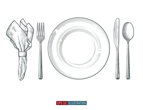 Hand Drawn Plate, Fork, Knifes And Napkin. Engraved Style Vector Illustration. Elements For Your Design Works.