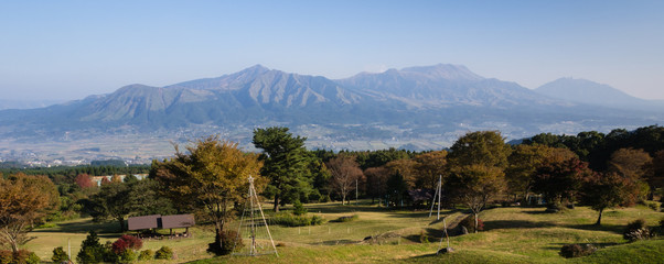 Fototapeta na wymiar Morning view of the 5 peaks of Aso from the southern rim of Aso volcanic caldera - Aso-Kuju National Park, Kumamoto Prefecture, Japan