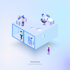 The working process. People in the office interact with each other, performing various tasks. Business management. Business structure of the organization. Modern vector illustration isometric style.