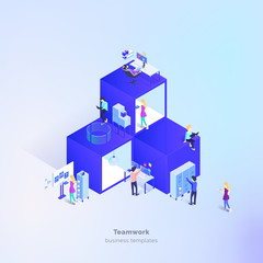 A group of people in the process. Futuristic office. Group work on the project. Work process management. Vector illustration isometric style.