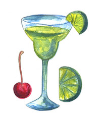 Cocktail drink summer orange lime green watercolor hand drawn