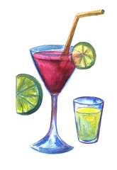 Cocktail drink summer orange lime green watercolor hand drawn