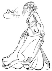 Walking Bride Black and White Drawing - Design Element for Your Wedding Projects, Vector Graphic