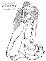 Bride and Groom Couple as Black and White Drawing - Design Element for Your Wedding Projects, Vector Graphic