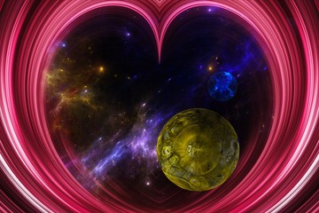 abstract view of the Universe through a pink heart  shaped  window  showing galaxies, nebula, stars and planets