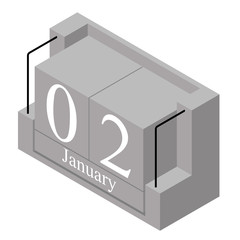 January 2nd date on a single day calendar. Gray wood block calendar present date 2 and month January isolated on white background. Holiday. Season. Vector isometric illustration