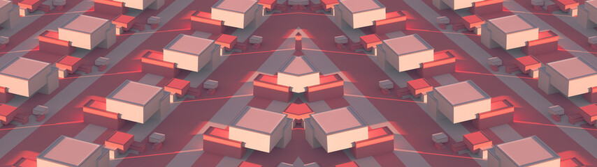 Creative composition with colorful blocks. Abstract candy cubes, modern ultra wide background. Sweet buildings, sunlight. 3d rendering