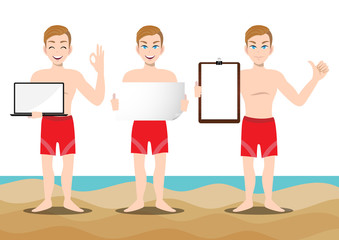 Obraz premium Summer season holiday. Cartoon character on the beach; Handsome man with swimming pant and activities design vector