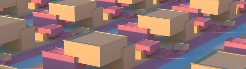 Creative composition with colorful blocks. Abstract candy cubes, modern ultra wide background. Sweet buildings, sunlight. 3d rendering