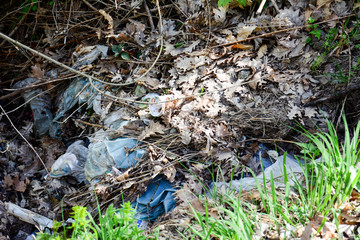 Plastic bottles, glasses, boxes and bags thrown into the nature park. Garbage polluting the natural environment, pollution, nature series. Pollution of nature by plastic. 