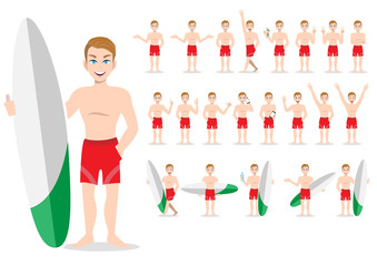 Summer season holiday. Cartoon character on the beach; Handsome man with swimming pant and activities design vector