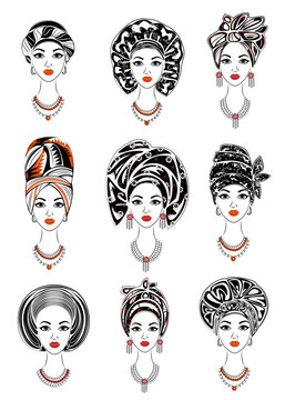 Collection. Silhouette of a head of a sweet lady. A bright shawl, a turban, tied to the head of an African-American girl. The woman is beautiful and stylish. Set of vector illustrations