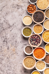 Set of different superfoods, top view.