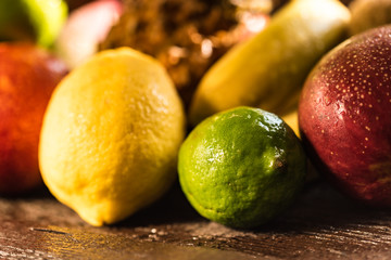 Studio shot of various exotic fruit on wood