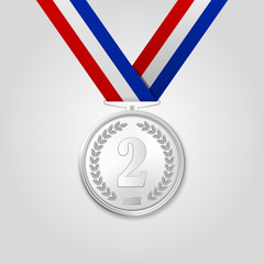 Vector 3d Realistic Silver Award Medal with Color Ribbon Closeup Isolated on White Background. The Second Place, Prize. Sport Tournament, Victory Concept