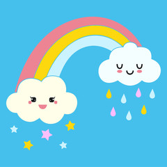 Happy smiling cute rainy and stars clouds with a rainbow between, vector illustration