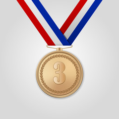 Vector 3d Realistic Bronze Award Medal with Color Ribbon Closeup Isolated on White Background. The Third Place, Prize. Sport Tournament, Victory Concept