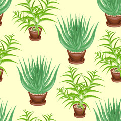 Aloe tree and aloe vera in pots on a green background. Seamless pattern. Suitable for wallpaper and as a background for gift wrapping. Creates a cheerful mood. Vector illustration