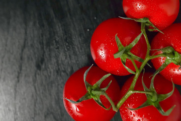 Close-up of freshly picked tomatoes on ebony background with copy space