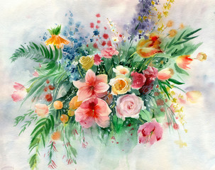 Watercolor painting. Vivid colorful bouquet of summer flowers. - 266024553