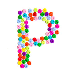Letter P of the English alphabet made of multi-colored buttons