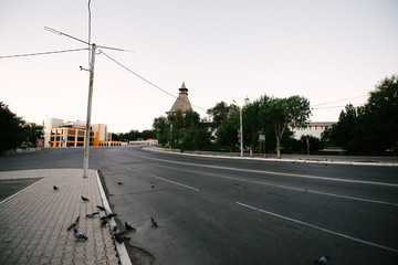 Empty city with streets without people in the morning