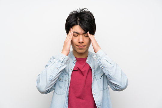 Asian man on isolated white background with headache