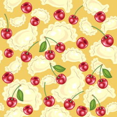 Seamless pattern. Fresh delicious dumplings, vareniki. Juicy red berries, cherries. Suitable as wallpaper in the kitchen, for packaging products. Vector illustration