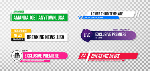 Obraz premium Lower third template. Set of TV banners and bars for news and sport channels, streaming and broadcasting. Collection of lower third for video editing on transparent background