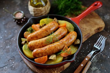 Roast Chicken sausages with potatoes, onions, carrots and mushrooms in a cast-iron pan. Top view. 