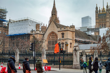 The front side of British parliament on a clear day in london