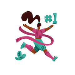 Winner woman running into the finish. Happy hand drawn sports woman crossing finish tape. Athletic girl taking part in running competition.Flat vector textured print. Number one.Woman success concept.