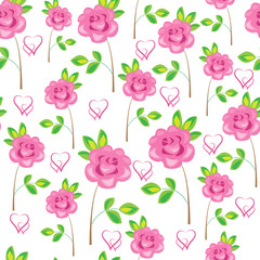 Seamless pattern. Pink flowers, roses and hearts. Suitable as wallpaper, as a gift wrapping for Valentine's Day. Creates a festive mood. Vector illustration