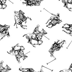 Seamless pattern of hand drawn sketch style abstract polo players isolated on white background. Vector illustration. - 266033530