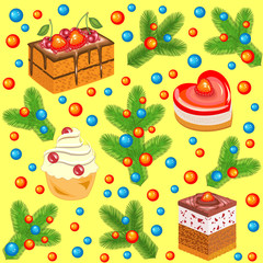 Christmas tree branches decorated with bright balls and sweet cakes. Seamless pattern. Suitable for packing holiday gifts. Creates a cheerful mood. Vector illustration.