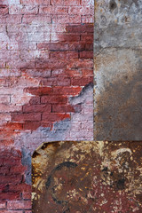 texture of red brick wall and rusty metal sheets