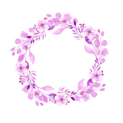 Frame wreath with flowers of cherry, apple, almond, sakura.Watercolor drawing by hand. Pink watercolor flowers, and twigs collected in the wedding composition