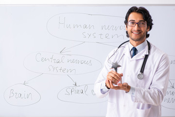 Young male doctor neurologist in front of whiteboard 