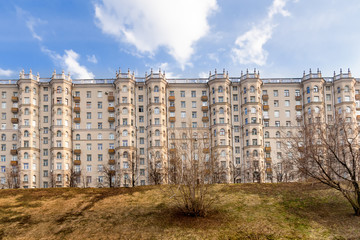Apartment house on Taras Shevchenko embankment. Sample of Stalin's architecture. House with bay windows. View from Moscow-river. Historical residential complex in the center of Moscow, Russia.