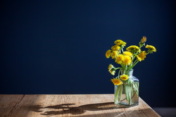 bouquet of yellow dandelions in a glass transparent jar on a wooden table against the background of a dark blue wall.