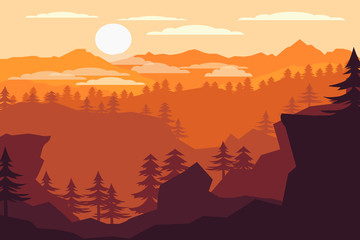 Vector landscape with silhouettes of mountains, trees and sunrise or sunset sky and lens flares