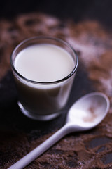GLASS OF MILK WITH SPOON FOR BREAKFAST ON DARK BACKGROUND 3