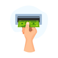 Hand  insert in atm money 20 dollars, banknote vector business illustration