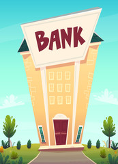 cartoon bank branch at city street illustration . happy financial business planing .  money of stock exchange finance vector. safe deposit box or credit