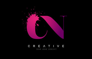 Purple Pink CN C N Letter Logo Design with Ink Watercolor Splash Spill Vector.