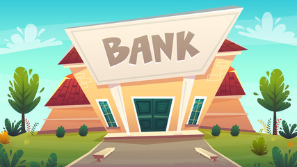 cartoon bank branch at city street illustration . happy financial business planing .  money of stock exchange finance vector. safe deposit box or credit